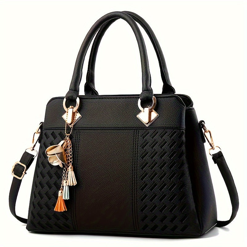 Borsa tote elegante da donna Valstrend, grande capacità, in pelle sintetica con motivo a griglia, tracolla rimovibile e chiusura con zip
