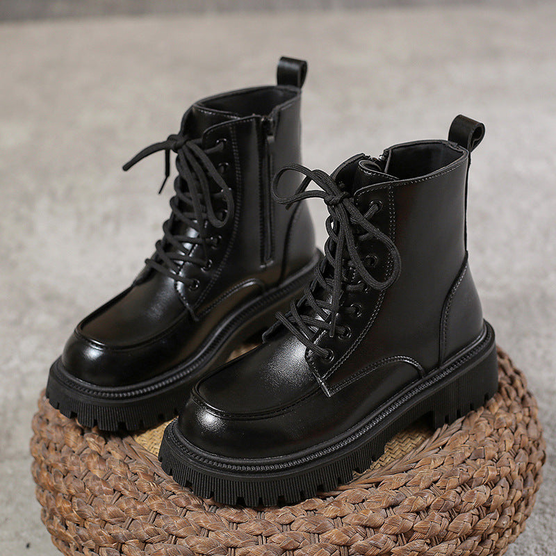 Autumn And Winter Solid Color Martin Boots For Women Fashion British Style Lace-up Short Round Toe Knight Boots