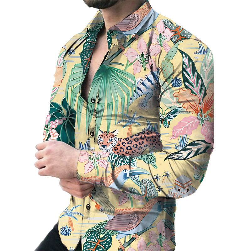 Camicia da uomo Valstrend, a maniche lunghe casual con stampa floreale grande, tessuto leggero e stile rilassato.