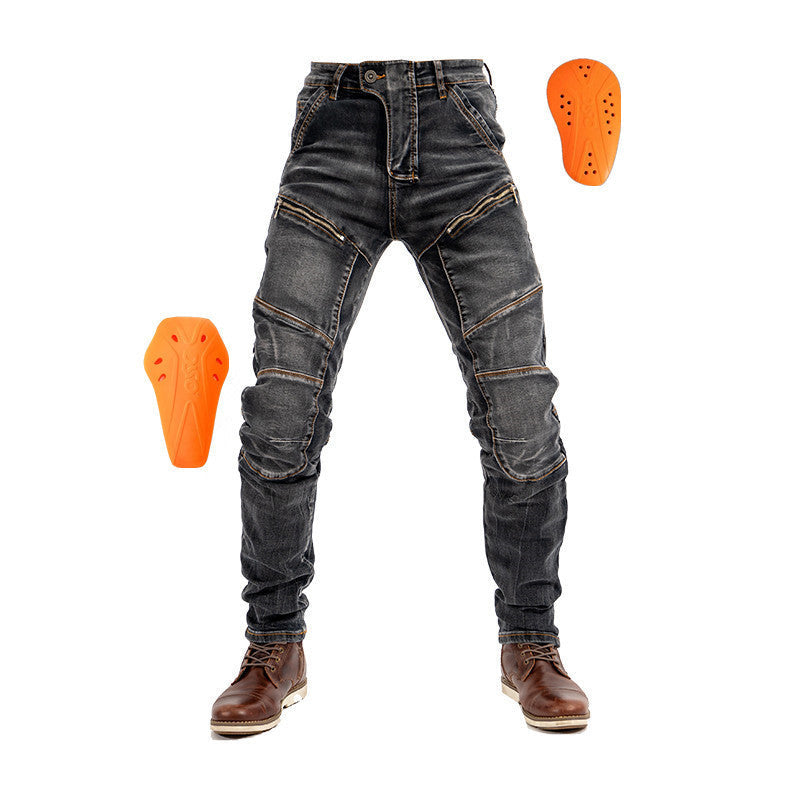 Jeans da moto elasticizzati per uomo e donna di marca Valstrend, vestibilità aderente e tessuto resistente, in colore nero.