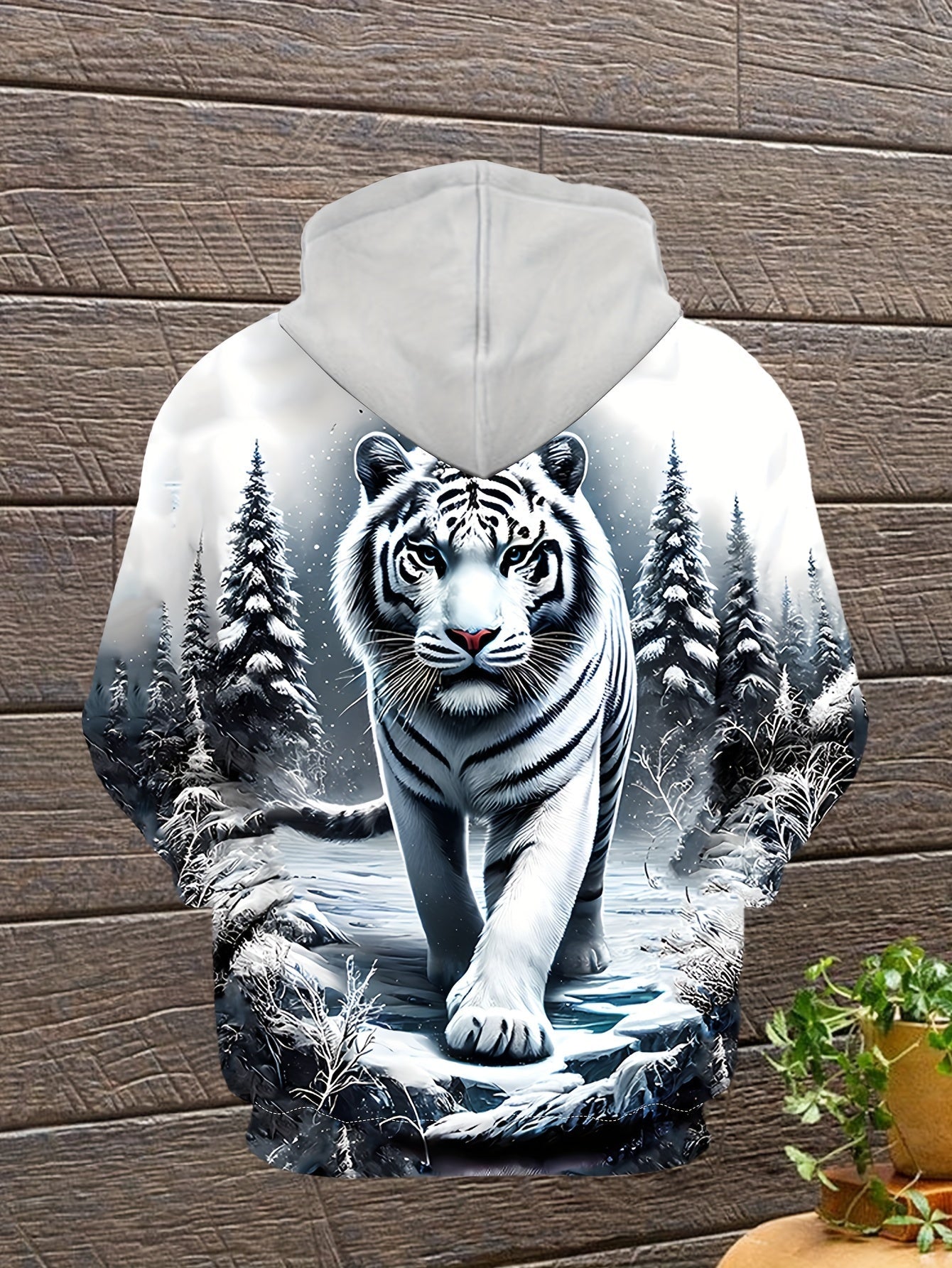 Felpa con cappuccio da uomo Valstrend, stampa digitale tigre bianca 3D e jacquard, tasca a marsupio, stile sportivo primavera e autunno