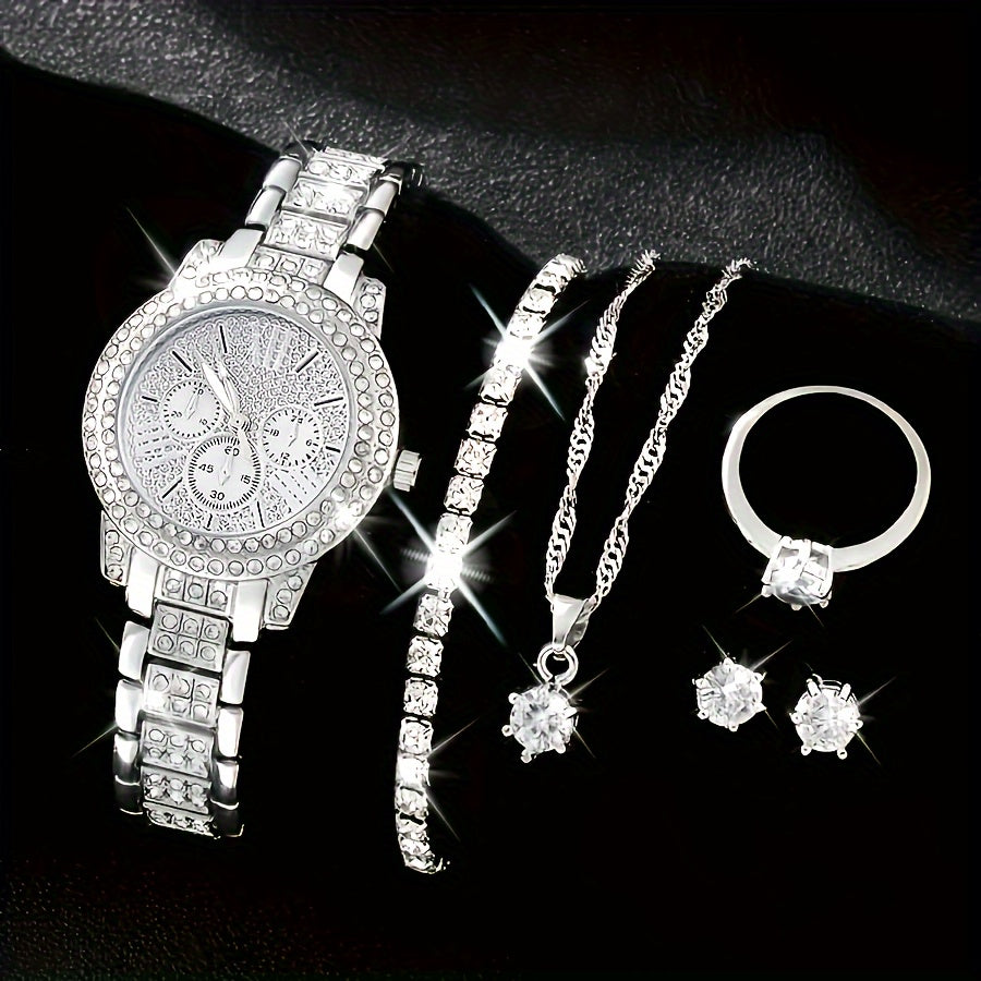 Lancetta rotonda in quarzo argentata con cinque pezzi di gioielli, stile elegante e raffinato, per orologio e accessori moda.