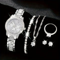 Lancetta rotonda in quarzo argentata con cinque pezzi di gioielli, stile elegante e raffinato, per orologio e accessori moda.