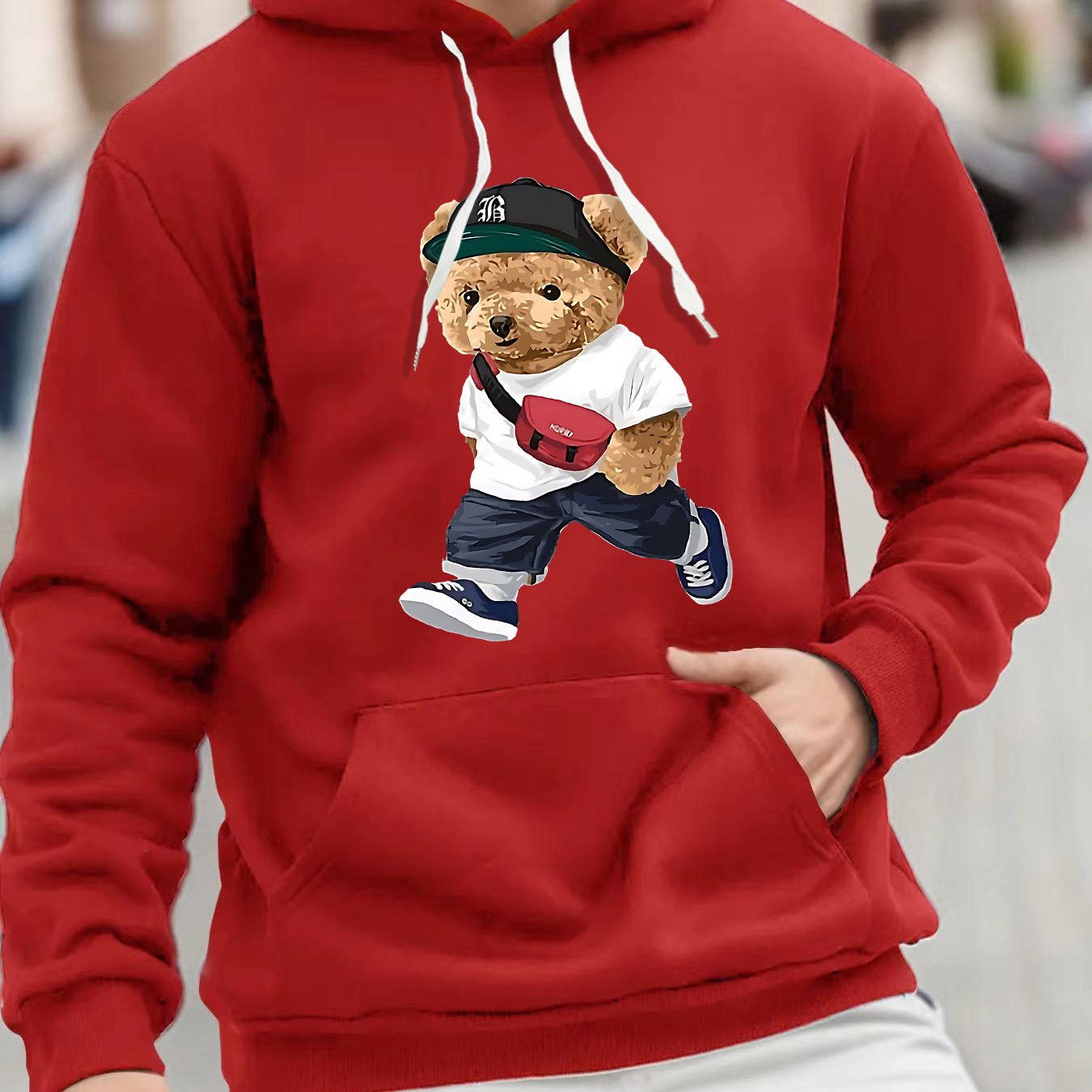Fashion Teddy Bear Graphic Print, Men's Fashion Casual Hoodie With Drawstring And Kangaroo Pocket Design, Comfy Long Sleeves Pullover Hoodie, Autumn And Winter Top For Men