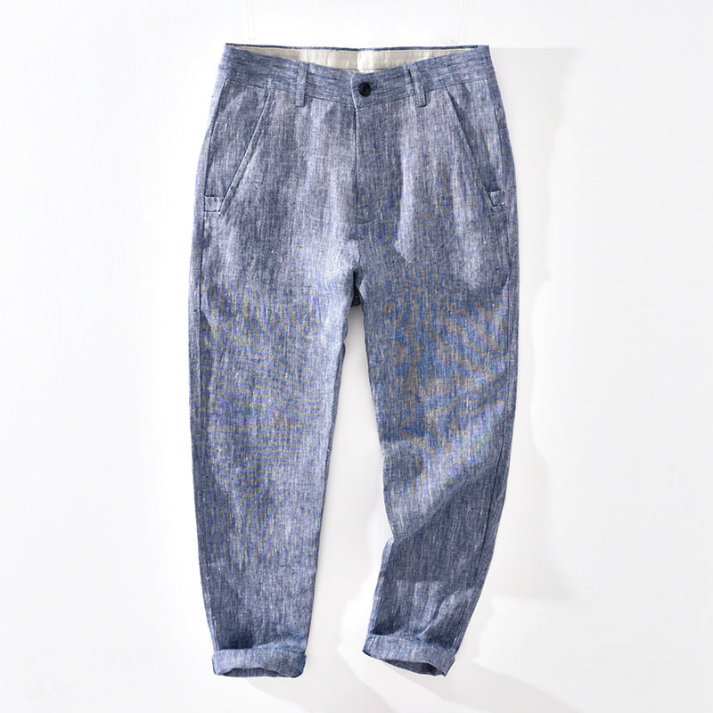 Pantaloni da uomo in lino casual a sigaretta, pantaloni slim fit a 7/8 con dettaglio di caviglia, marca Valstrend.