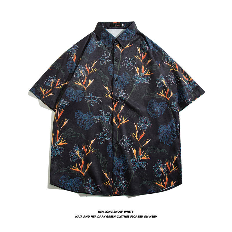 Camicia da uomo in seta hawaiana Ice Silk di Valstrend, stile alla moda con fantasia tropicale, maniche corte e collo classico.