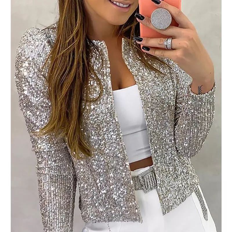 Giacca corta casual da donna Valstrend con blocchi di colori e paillettes, stile moderno e alla moda.