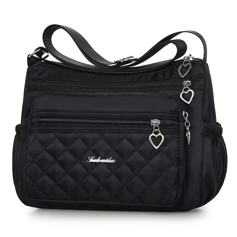 Women's Quilted Crossbody Bag, Casual Style, Black, Nylon, Waterproof, Large Capacity, Fashionable Shoulder Bag with Tassel Detail, Adjustable Strap, Zipper Closure, Polyester Lining, No Print, No Oil Edge