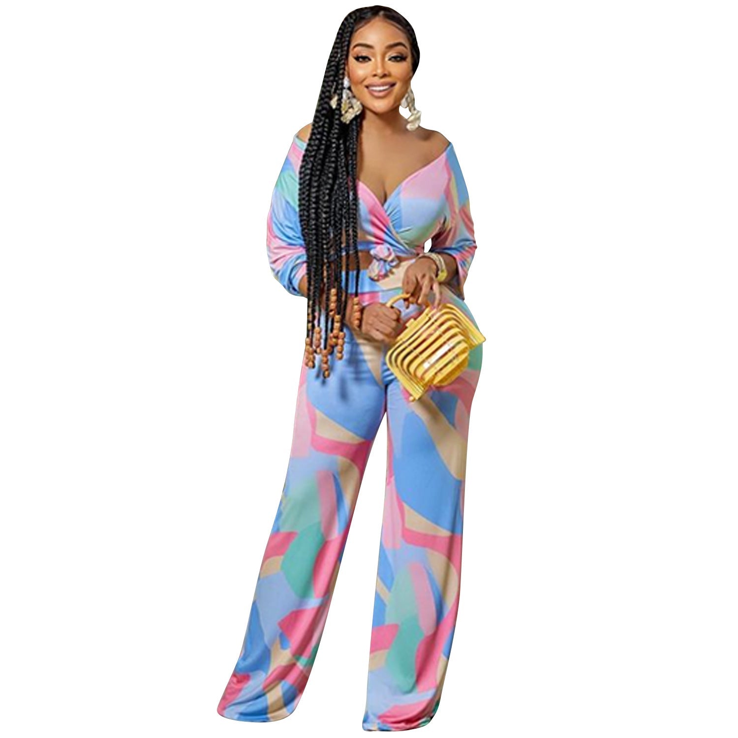 Pantaloni lunghi donna Valstrend con motivo irregolare e scollo a V, due pezzi, abbigliamento femminile elegante e moderno