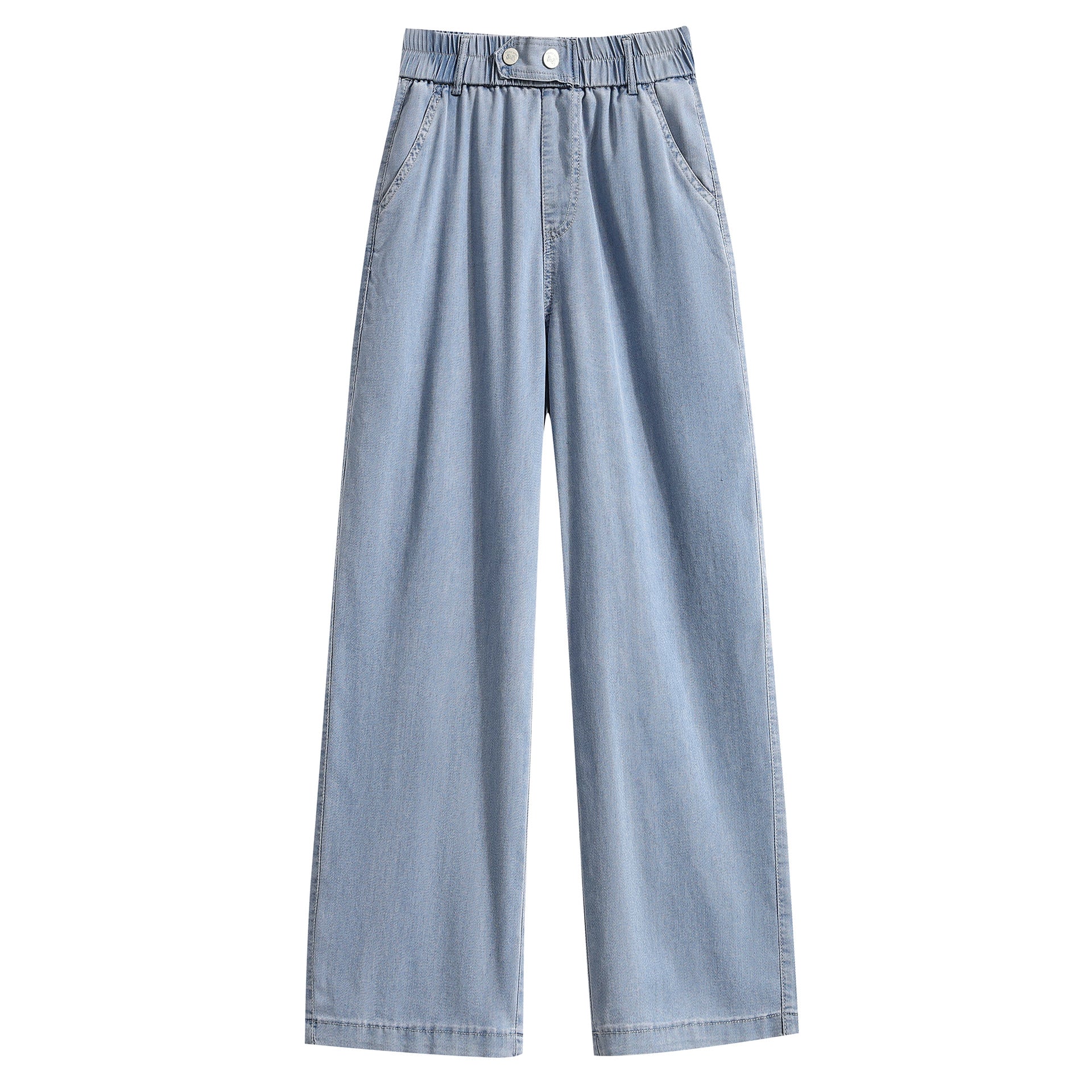 Jeans donna estivi Valstrend shop, vita alta, sottile e dritti in Lyocell, mostra i dettagli del tessuto e la vestibilità.