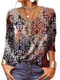 T-shirt da donna Valstrend con maniche lunghe, scollo a U e stampa floreale geometrica, tessuto morbido e comodo.