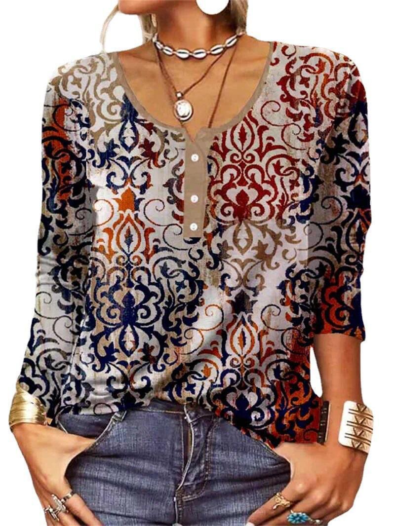 T-shirt da donna Valstrend con maniche lunghe, scollo a U e stampa floreale geometrica, tessuto morbido e comodo.