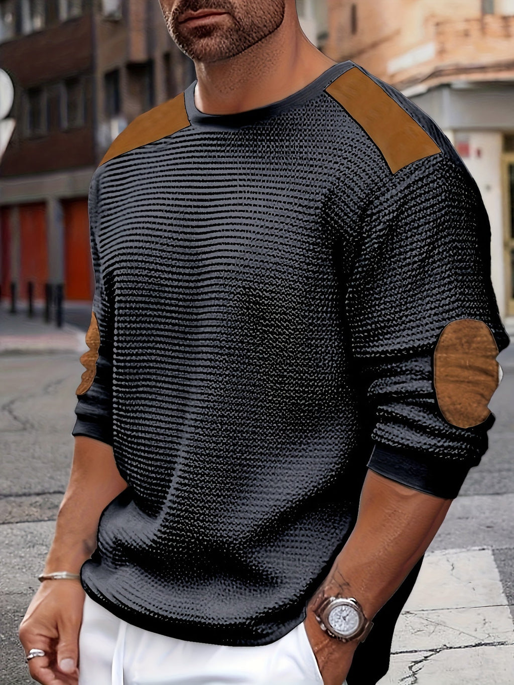 Felpa uomo Valstrend con motivo a blocchi di colori, maniche lunghe e scollo rotondo in stile casual, tessuto a nido d'ape