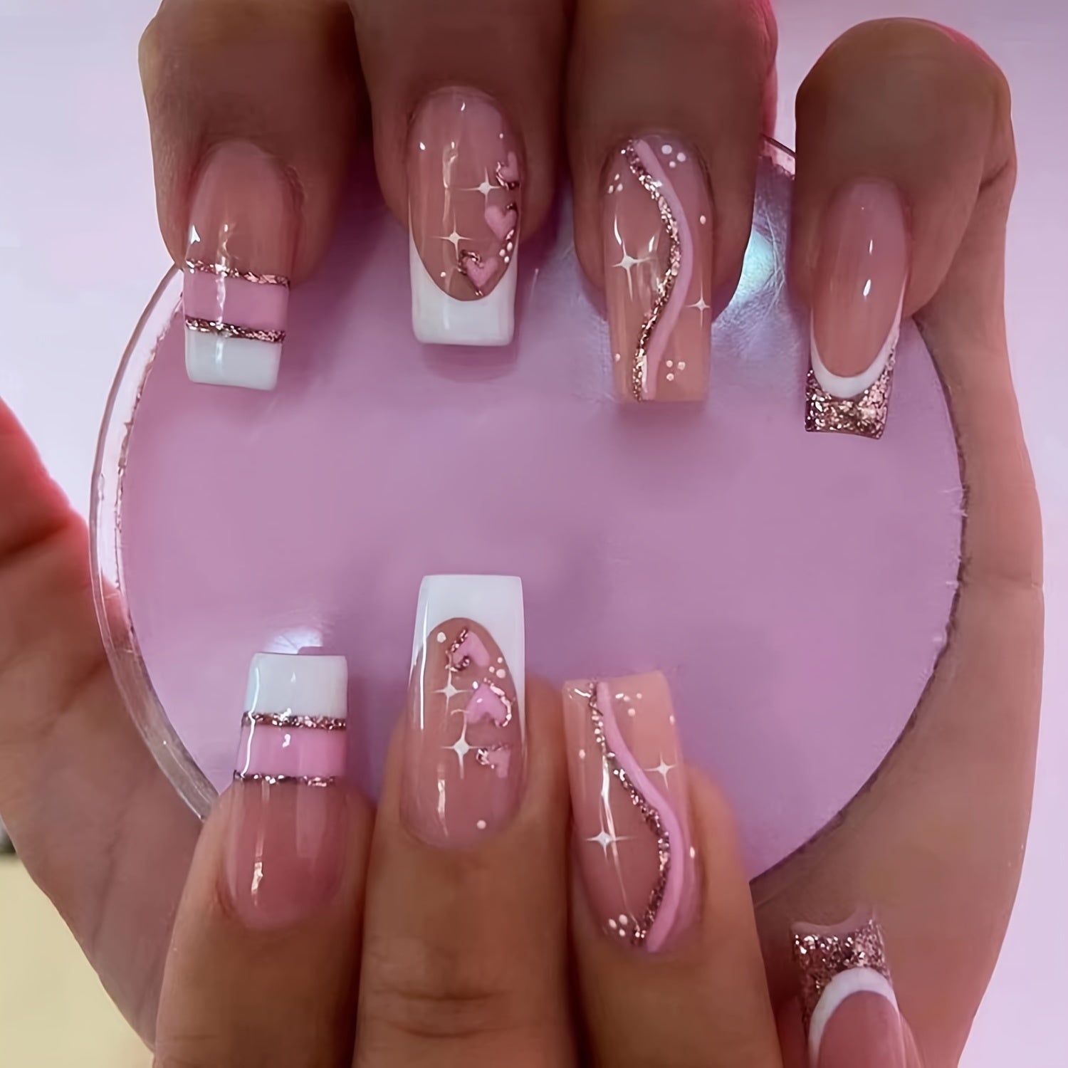 24pcs/ Set Long Square Fake Nails Pink Heart Glitter French White Border Cute Style Full Covered Nail Set 1 Nail File And 1 Nail Glue Sticker Set Perfect For Date Parties, Holiday Work And Keep Your Fingers Looking Slender And Charming