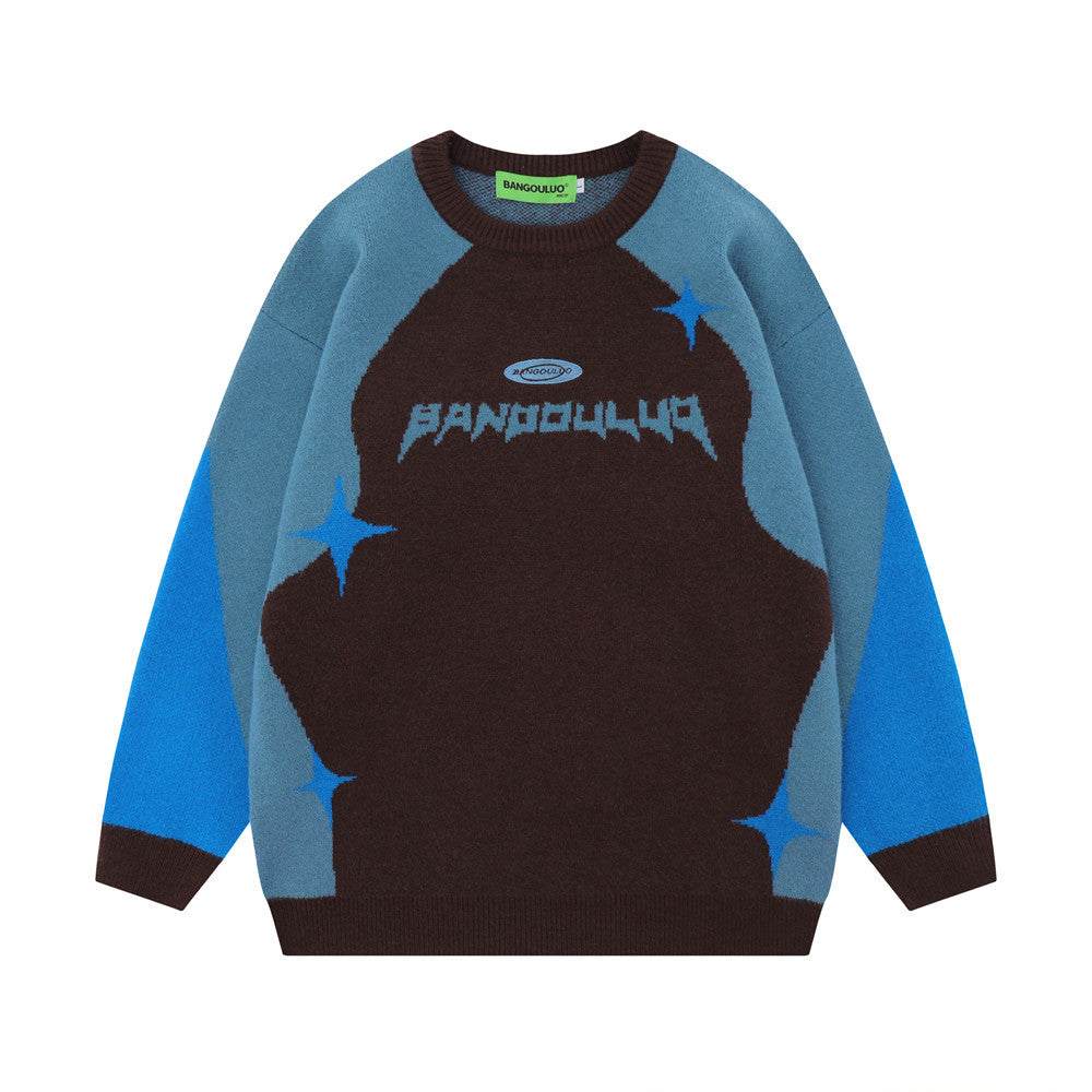 Maglione jacquard con collo rotondo e contrasto di colori, marca Valstrend Shop, con dettaglio di cuciture e design elegante.