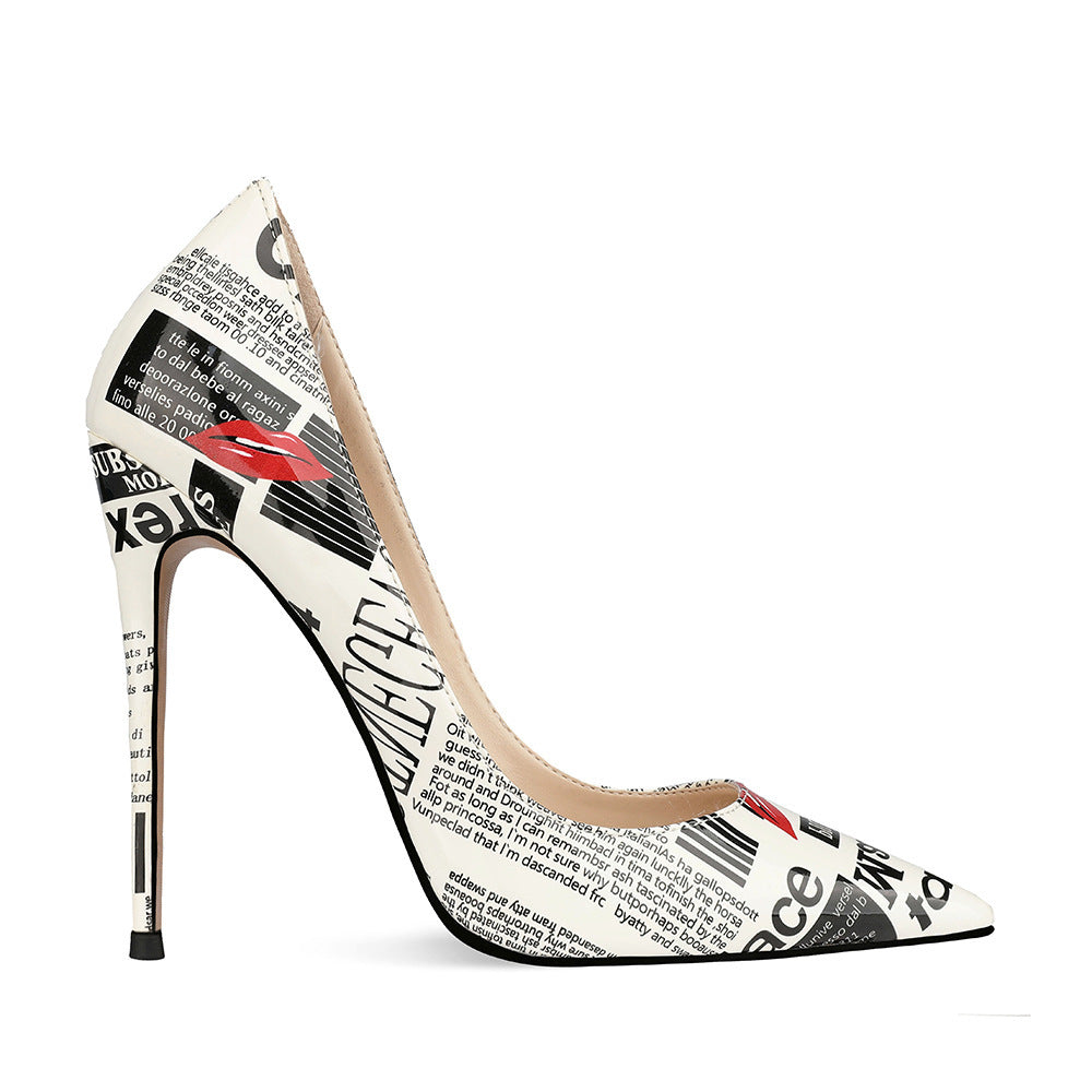 Tacchi alti Valstrend da 12cm con motivo graffiti, punta affusolata e suola sottile, scarpe da donna eleganti per passerella