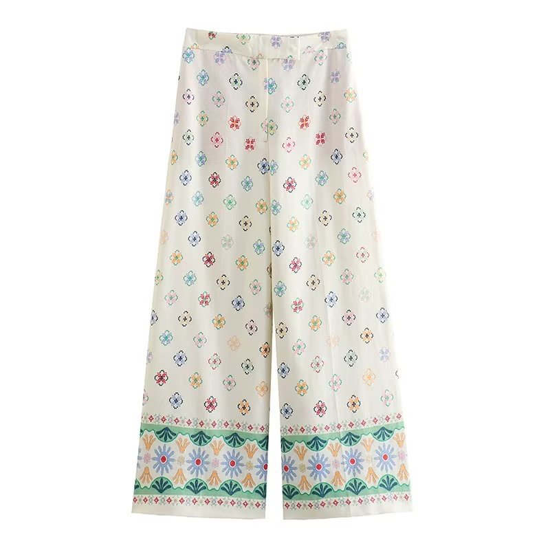 Pantaloni larghi in lino a vita alta in stile vacanza di Valstrend, stampa colorata e vestibilità comoda.