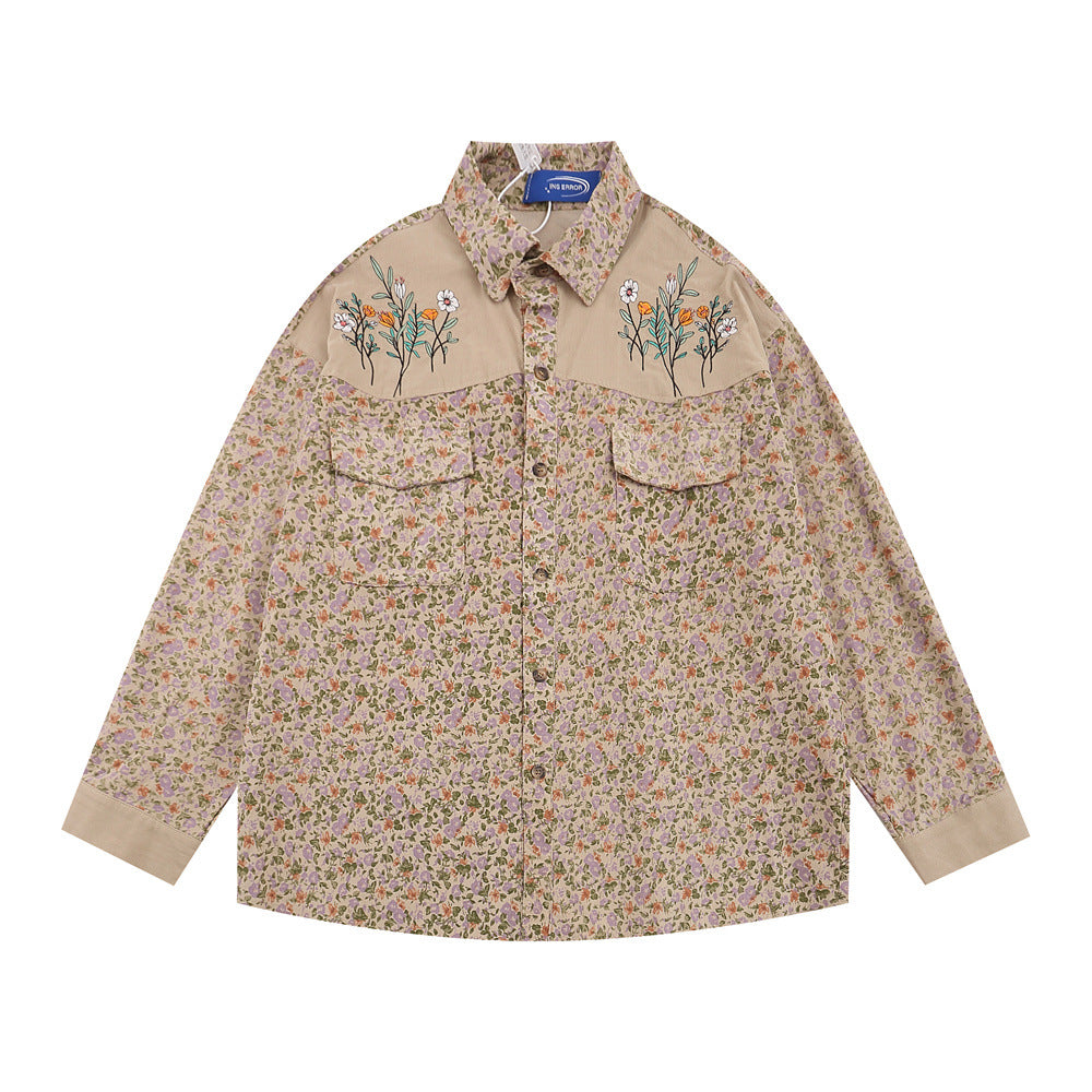 Camicia floreale da uomo Valstrend, a maniche lunghe, stile casual, con ricami e collo a the, tessuto leggero e comodo.