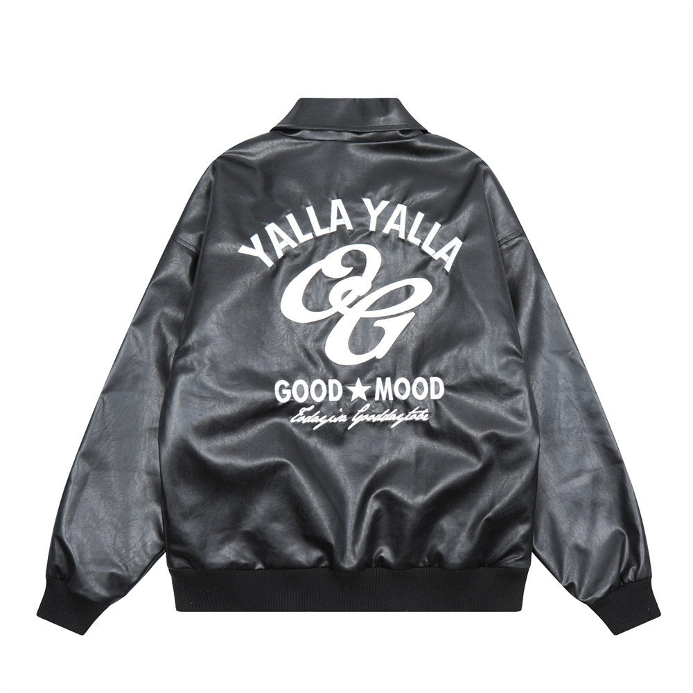 Cappotto in pelle da uomo Valstrend shop con lettere ricamate, stile motociclistico, ampio collo a scialle, design casual e trendy