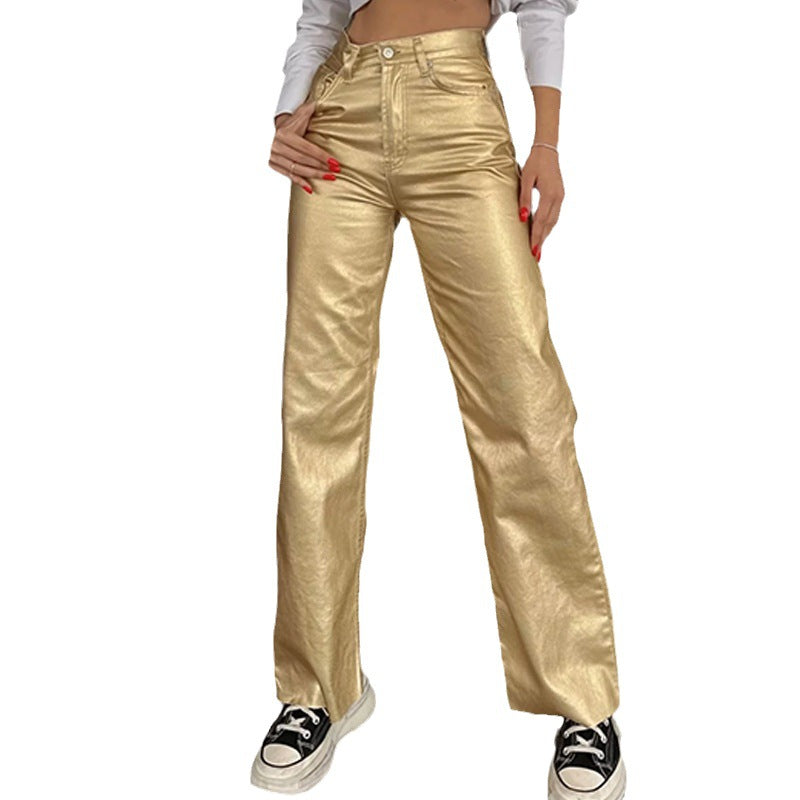 Pantaloni dritti retrò in oro e argento, pantaloni di tendenza Valstrend, stile personale e design distintivo.