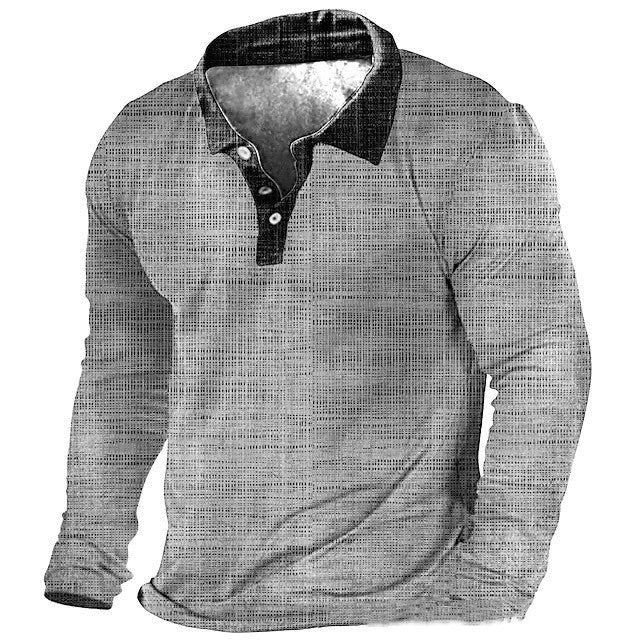Camicia polo da uomo Valstrend con maniche lunghe, stampa casual, tessuto morbido, collo con bottoni e design rilassato.