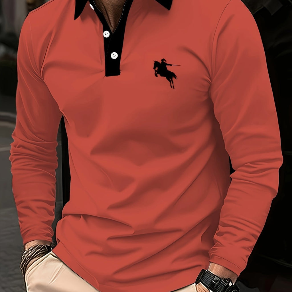 Camicia da uomo Valstrend, a tinta unita con stampa cavallo, maniche lunghe, collo button-up, ideale per golf e stagioni primavera e autunno.