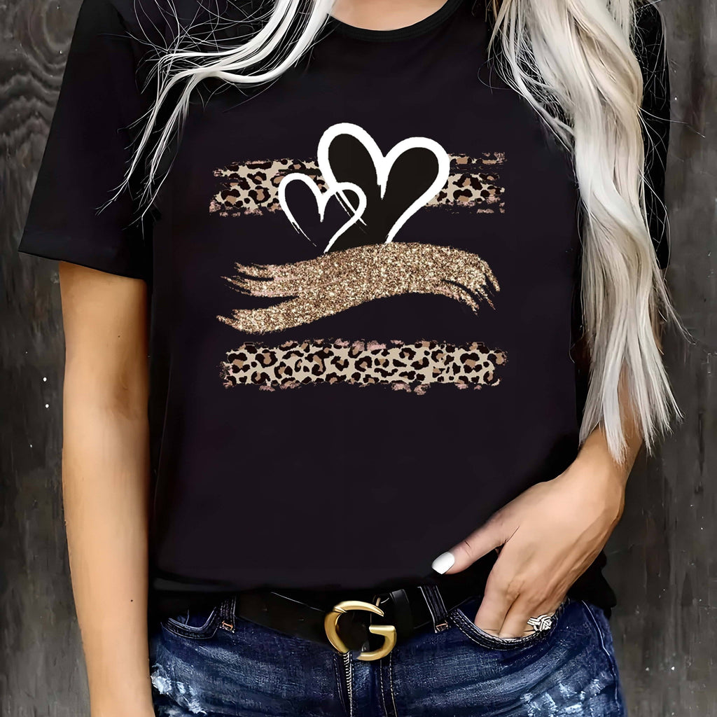 Maglietta donna Valstrend con stampa cuore, maniche corte, stile casual, perfetta per primavera e estate.