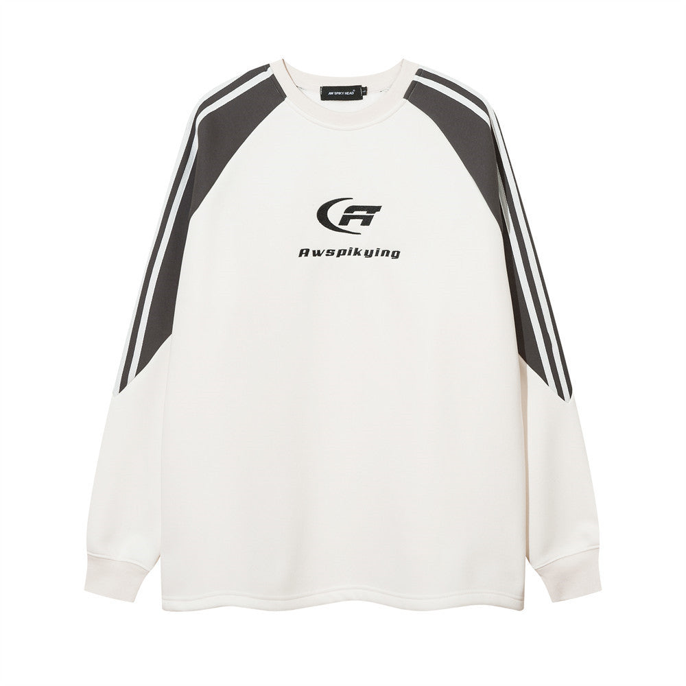 Letter Embroidery Color Matching Fleece-lined Crew Neck Sweater
