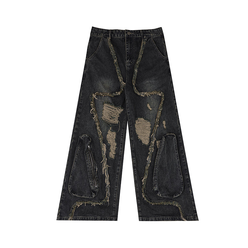 Jeans vintage da uomo Valstrend con detagli sfilacciati, frange e stile deconstructed, effetto usurato e dettagli retrò.