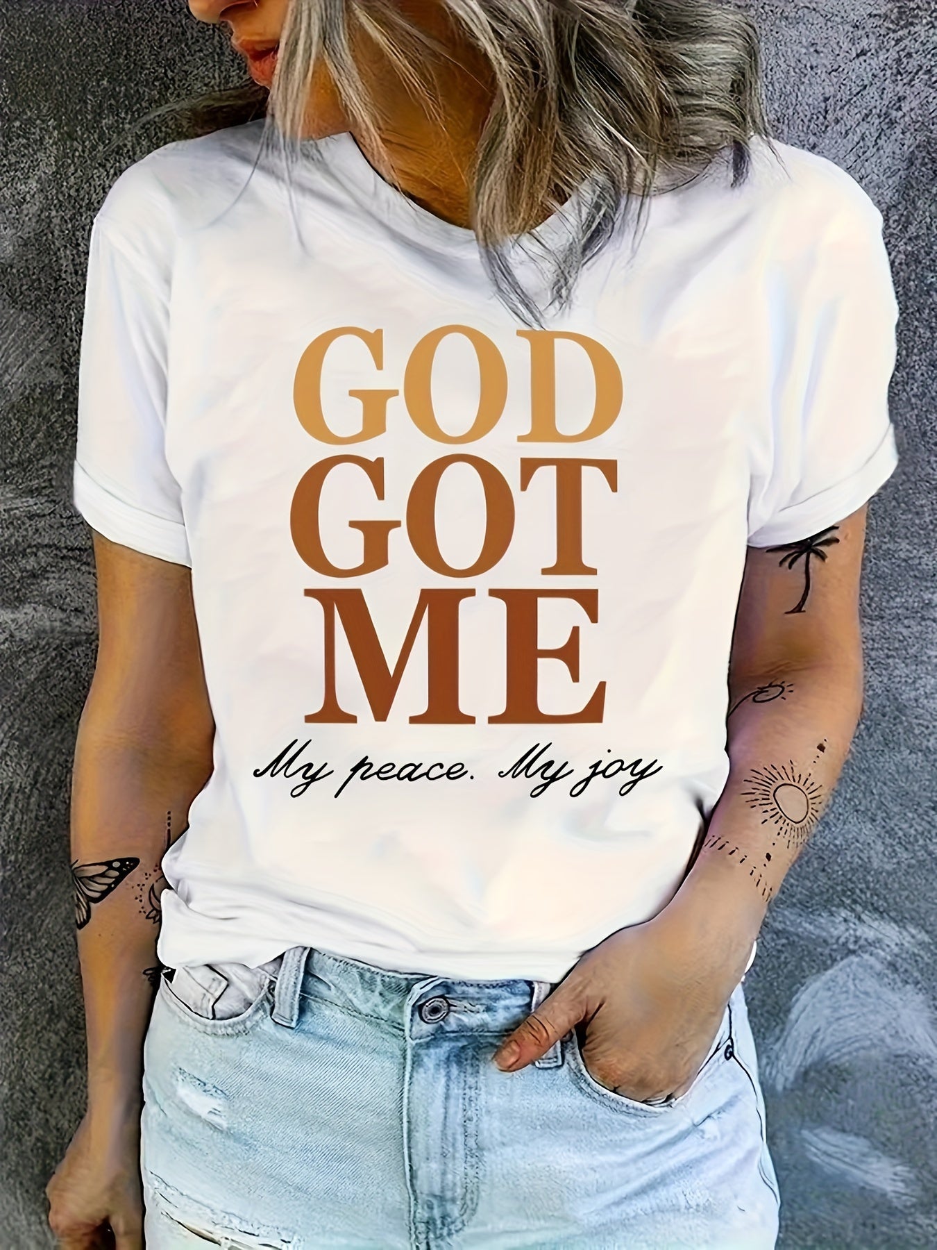 T-shirt donna Valstrend con stampa lettere, maniche corte, stile casual, ideale per primavera ed estate.