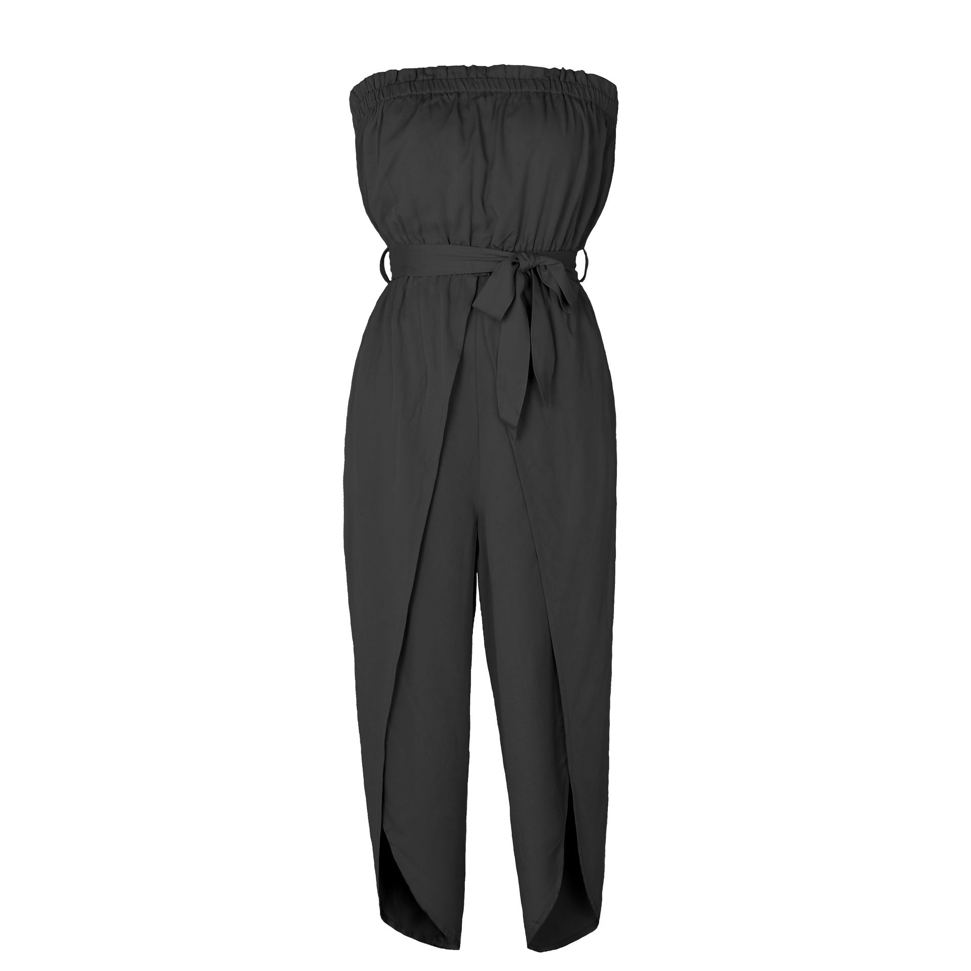 Completo jumpsuit donna Valstrend con scollo a barca, vita elastica e lacci, tessuto leggero e stile elegante.