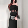 Vestito da donna invernale Valstrend, abito lungo a pieghe sexy con spalle scoperte e maniche lunghe in poliestere.