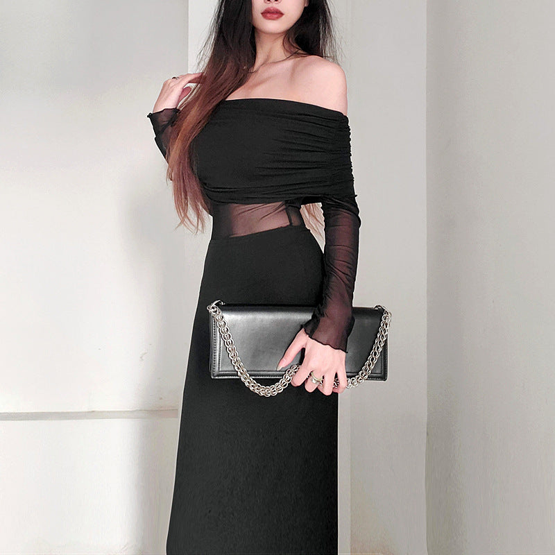 Vestito da donna invernale Valstrend, abito lungo a pieghe sexy con spalle scoperte e maniche lunghe in poliestere.