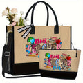 Set di 2 borse in tela leggera con pochette cosmetica, tote bag resistente e portatile con design accademico, ideale per viaggio e spiaggia.