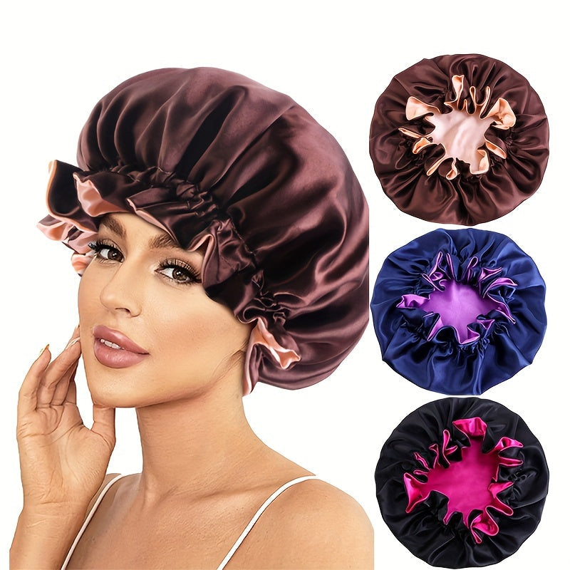 Set di 3 cuffie da notte in pizzo doppio strato, cappello per trucco e doccia in poliestere morbido e lucido, cappello per capelli Valstrend