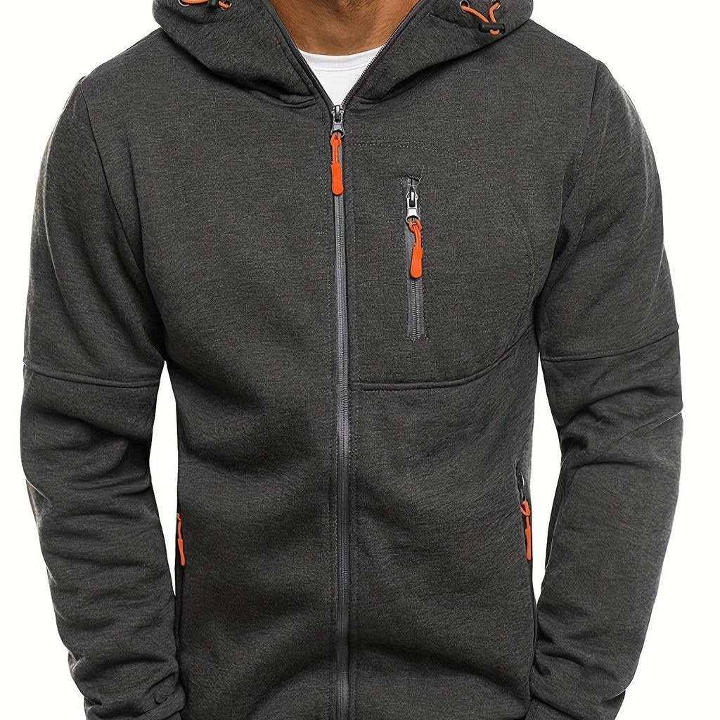 Men's Casual Hooded Jacket - Full Zip, Long Sleeve, Polyester Blend, Solid Color with Kangaroo Pocket - Perfect for Fall & Winter, for Autumn, Spring