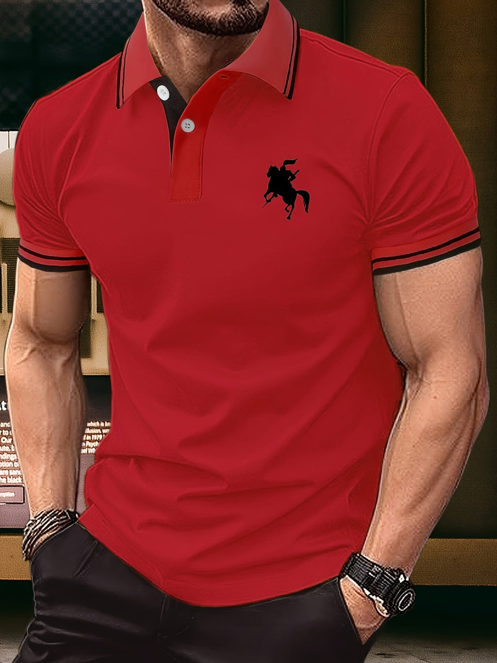 Camicia da uomo Valstrend con motivo cavaliere, maniche corte, collo a lancia, stile estivo elegante e sportivo per lavoro o outdoor.