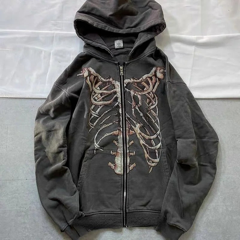 Maglione con cerniera distressed in stile ossa, da uomo e donna, marchio Valstrend Shop, dettaglio tessuto e design casual.