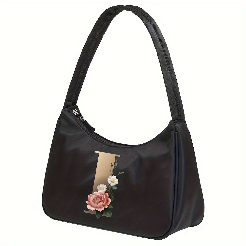 Floral Letter Print Shoulder Bag, Fashion Nylon Underarm Bag, Women's Zipper Handbag & Purse