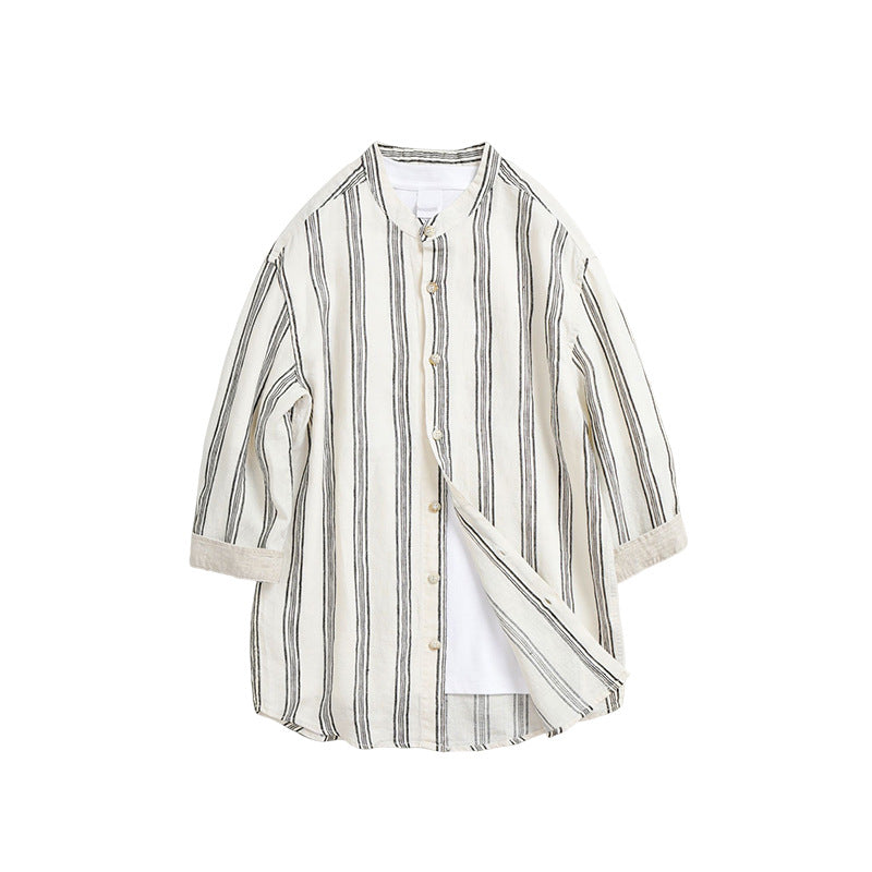 Retro Stand Collar Top Striped Casual Loose Linen 34 Sleeve Shirt