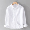 Camicia da uomo Valstrend in lino e cotone bianco a maniche lunghe, stile casual, traspirante e tinta uniforme.