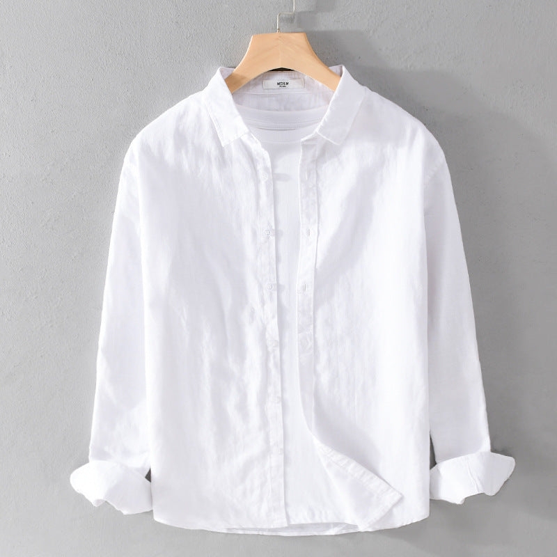Camicia da uomo Valstrend in lino e cotone bianco a maniche lunghe, stile casual, traspirante e tinta uniforme.