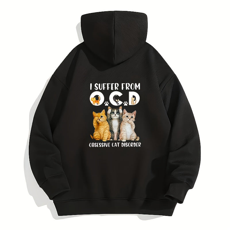Maglietta umoristica Obsessive Cat Disorder per uomo, logo O.C.D. su PVC, tessuto resistente, stile casual e divertente.
