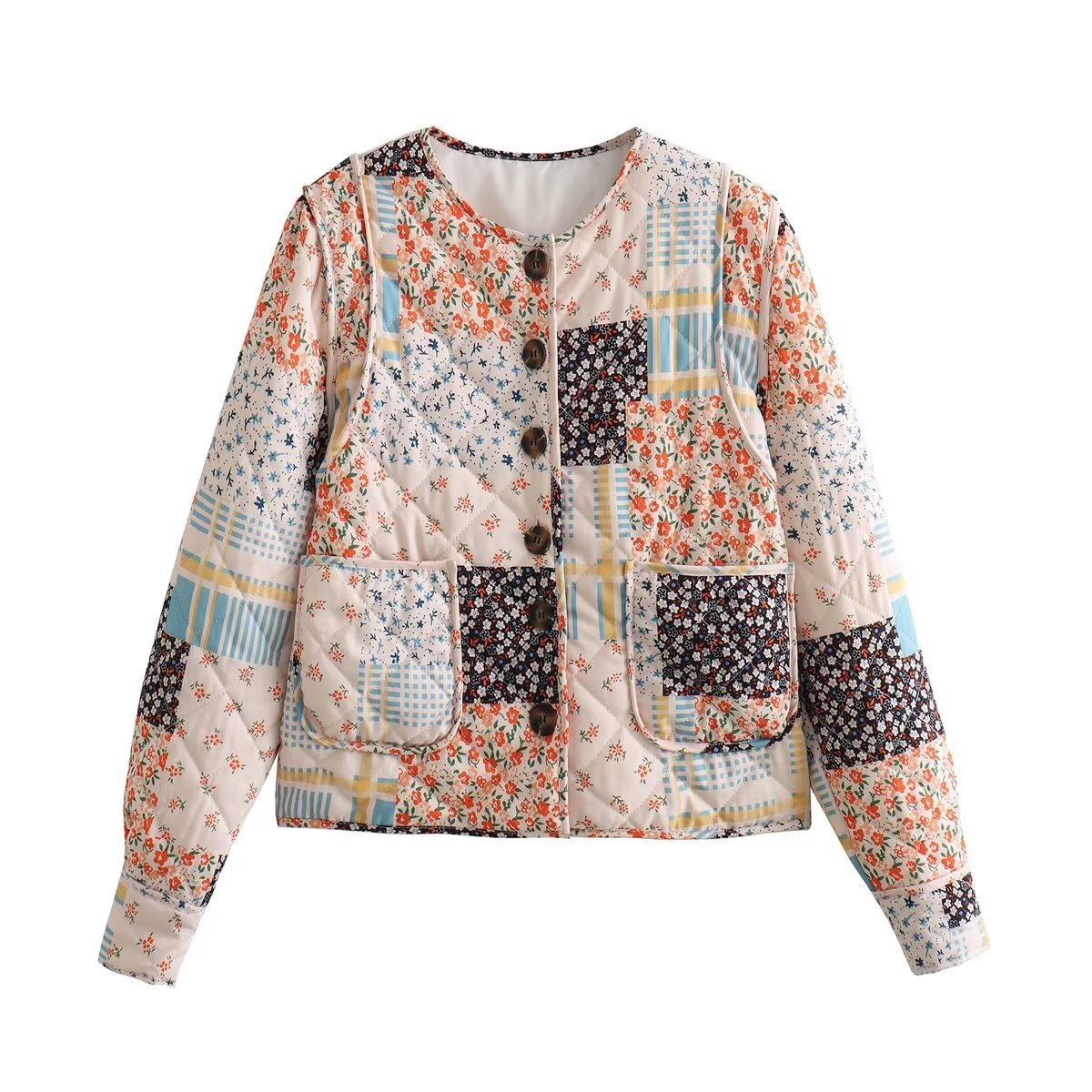 Cappotto donna in cotone trapuntato stampato, giacca moda Valstrend con design elegante e dettagli caldi.