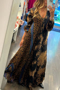 Abito lungo a scollo a V con stampa leopardata, vestito largo da donna Valstrend shop, tessuto morbido e comodo.
