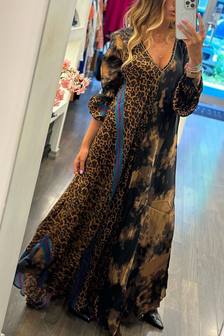 Abito lungo a scollo a V con stampa leopardata, vestito largo da donna Valstrend shop, tessuto morbido e comodo.
