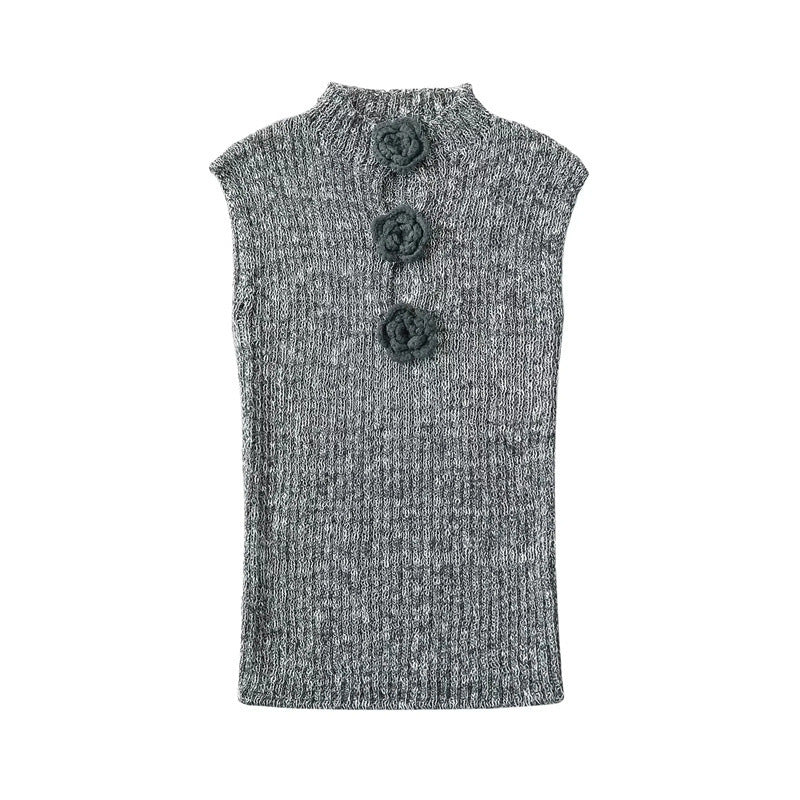Stand Collar Flower Decorative Design Knitted Vest Cute Youth-looking Slim Fit Sleeveless Top