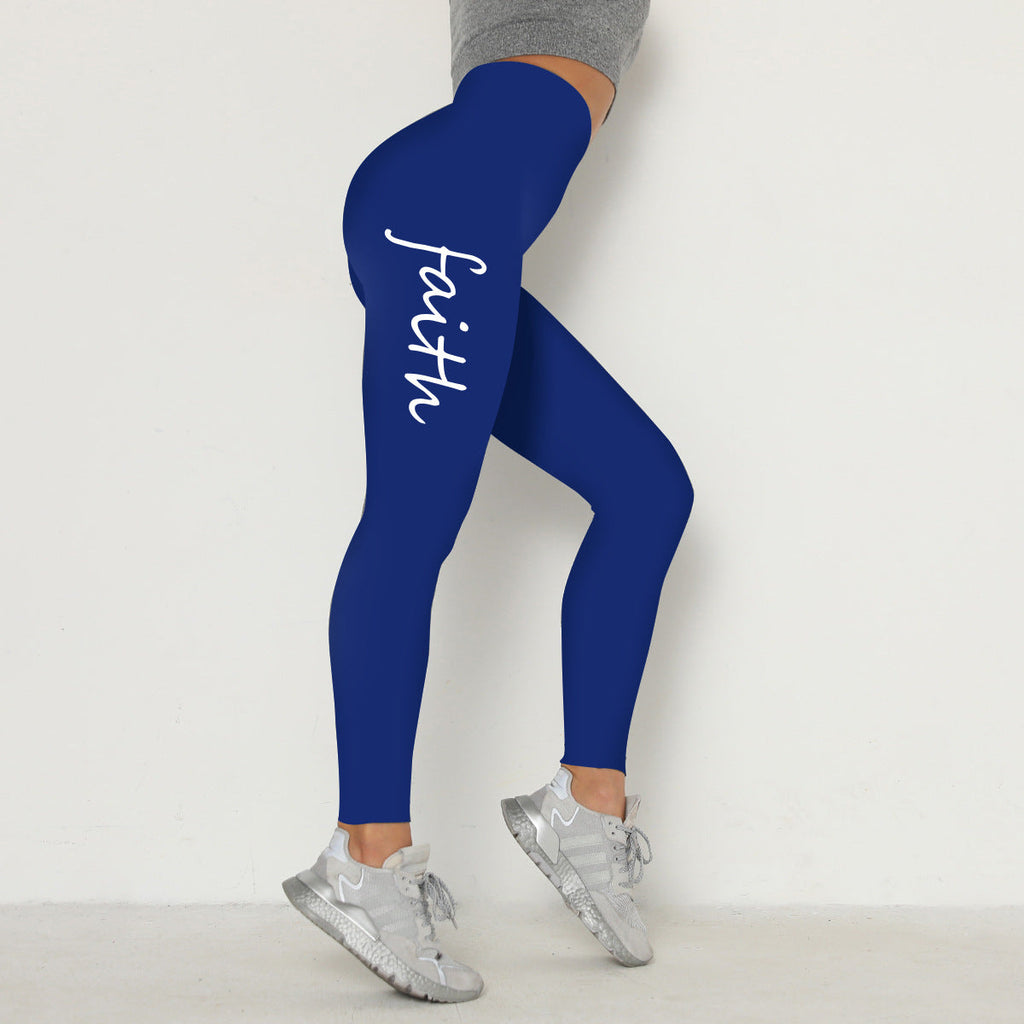 Leggings elasticizzati con lettere stampate in vita, sollevamento dei fianchi, marca Valstrend, tessuto comodo e aderente.