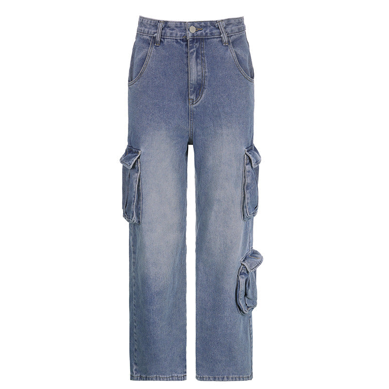 Jeans donna Valstrend, stile retrò casual e largo a vita bassa, con dettaglio in denim blu.