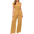 Completo donna Valstrend con pantaloni larghi a tinta unita e top coordinato, stile moda femminile elegante e versatile.